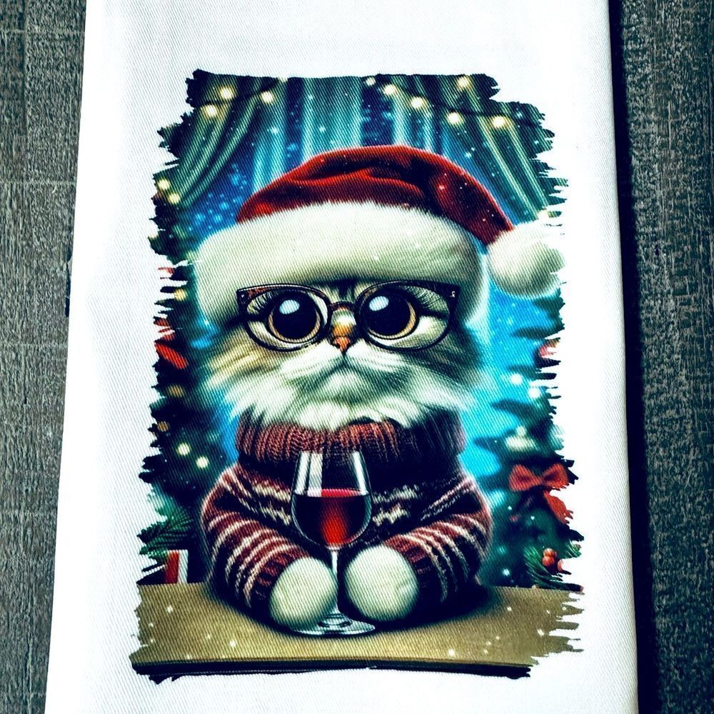 Santa Cat Wine Christmas Holiday Kitchen Dish Towel